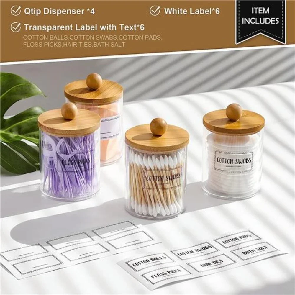 4 Pack Qtip Holder Dispenser with Bamboo Lids 10 oz Clear Plastic Apothecary Jar